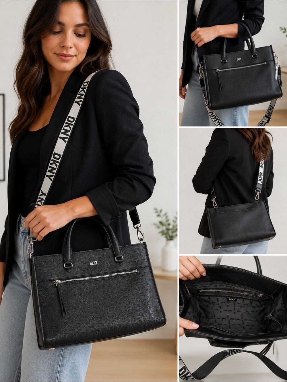 DKNY Black Leather Tote with Logo Strap